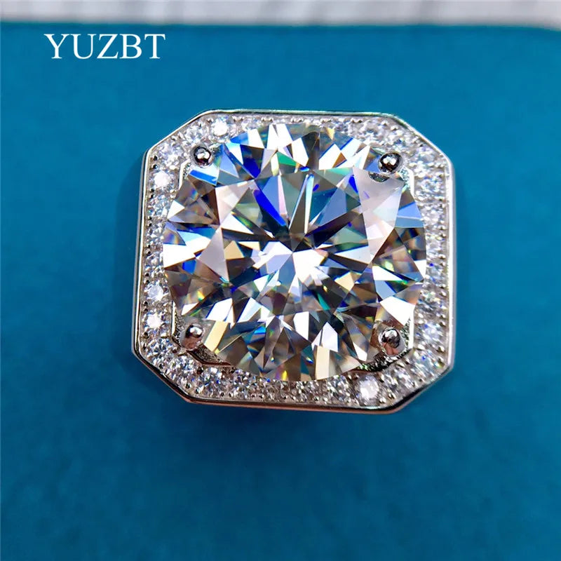 Men's New Popular Silver 925 Original 10 Carat 14mm Brilliant Cut Diamond Test Past Big D Color Moissanite Ring Fine Jewelry
