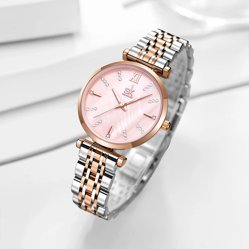 SHENGKE High Quality Business Quartz Watch Stainless Steel Band Glass Dial Fashion Pink Waterproof Women's Watch