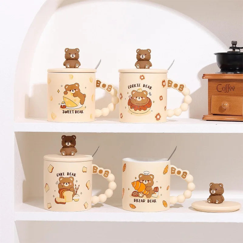 Cute Cartoon Mug with Three-dimensional Bear Lid Creative Bow Handle Ceramic Mug