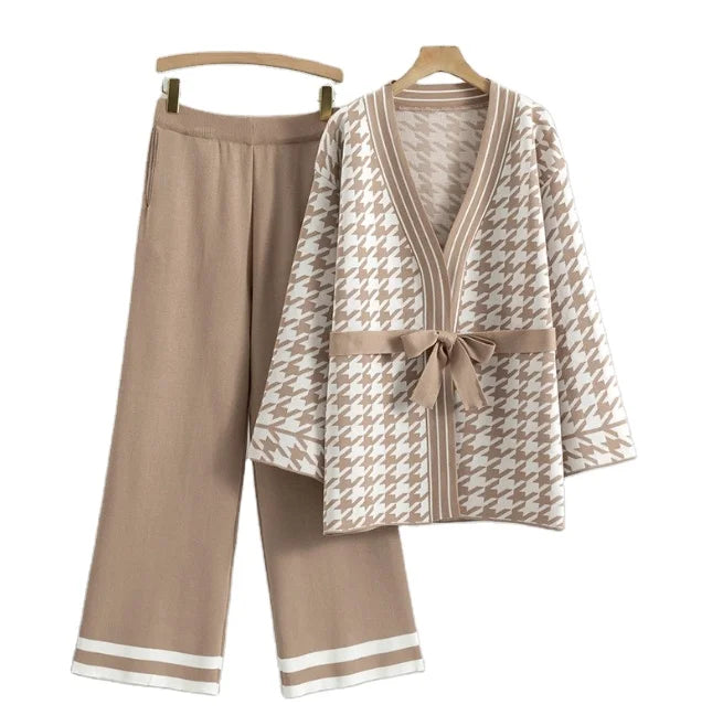 European and American Women's Knitted Cardigan Set Medium Length Two-Piece Set