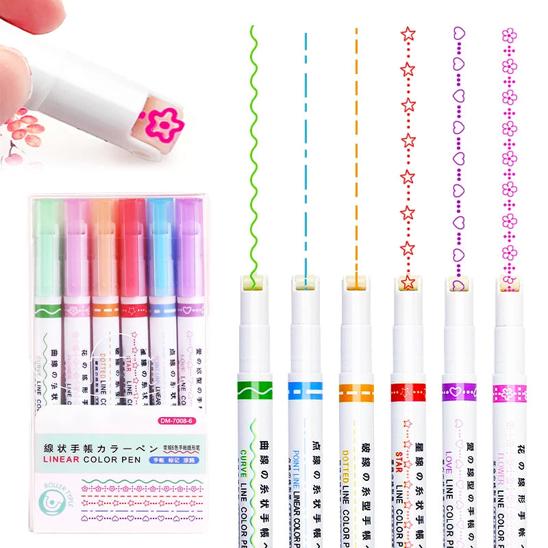 6 Colors Double-end Roller Nib Overline Marking Colorful Art Drawing Marker Pen Set