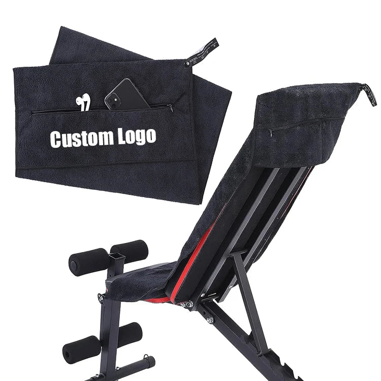 Custom Embroidered logo Sweat Workout Towel Super Absorbent Microfiber Cotton Sport Fitness Gym Bench Towel with Zipper Pocket