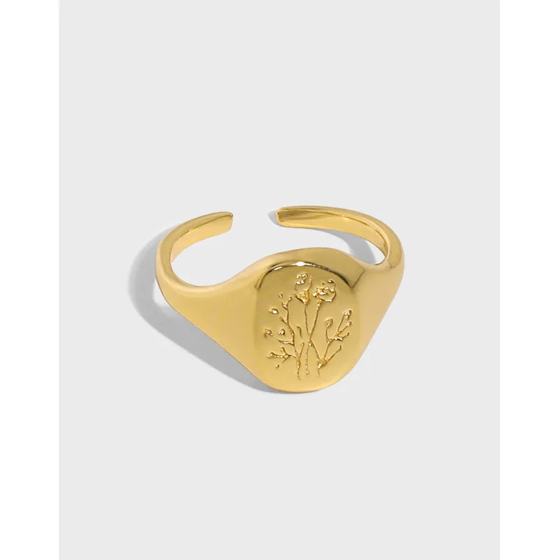 Geometric 18K Gold Plated Oval Flower Ring S925 Sterling Silver Open Rings Floral Texture Ring for Girls