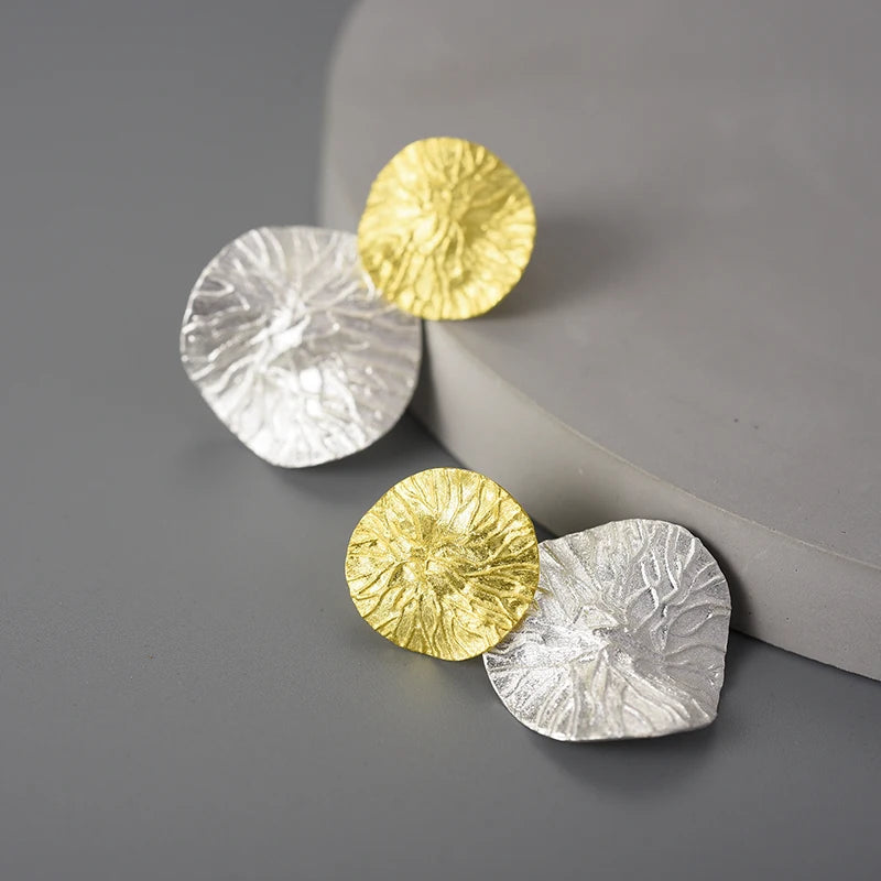 Custom Minimalism Round Vintage Double Lotus Leaves Dangle Drop Earring 925 Sterling Silver 14k 18k Gold  for Women Girl Lady