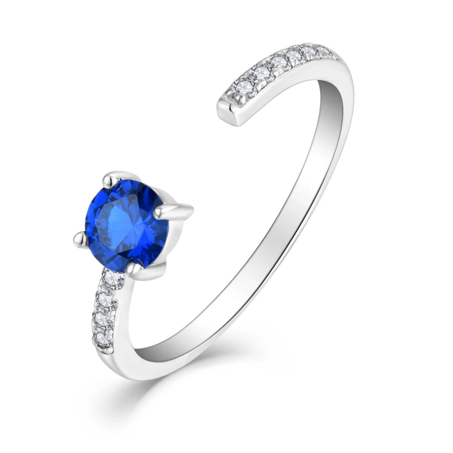 925 Sterling Silver Solitaire Blue Sapphire CZ Gemstone Ring for Women - Adjustable Open Band September Birthstone Jewelry Gift