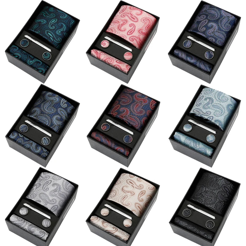 Custom Polyester Mens Tie Set Luxury Necktie and Pocket Square Cuff Links Tie Clip Business Hanky Cufflinks Wedding Gift for Man