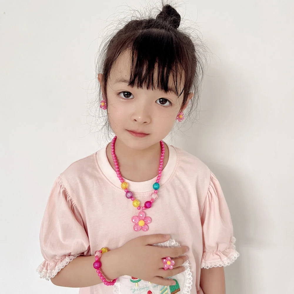 Cute Pink Kids Jewelry Set Bracelet Earrings Necklace with Pearl for Little Girls' Gifts Made From Plastic
