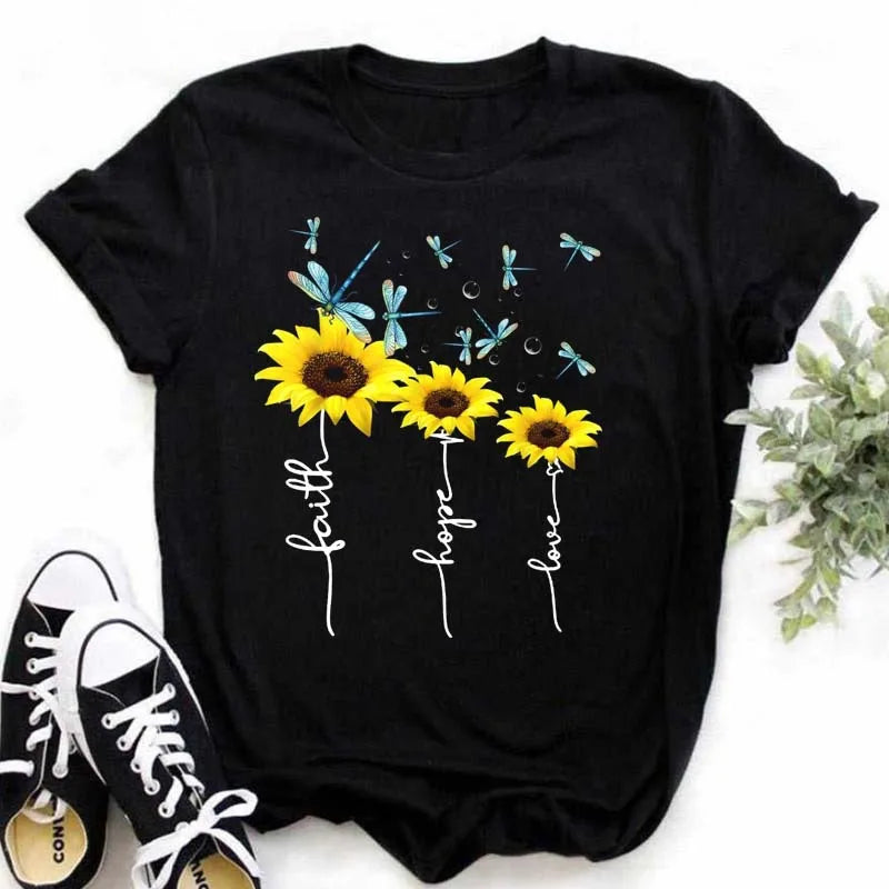 Loose Slim Flower Short Sleeved Comfortable Clothes Soft Tops Sunflower Butterfly Print Women's Oversize Girls Lady Tee T-Shirt