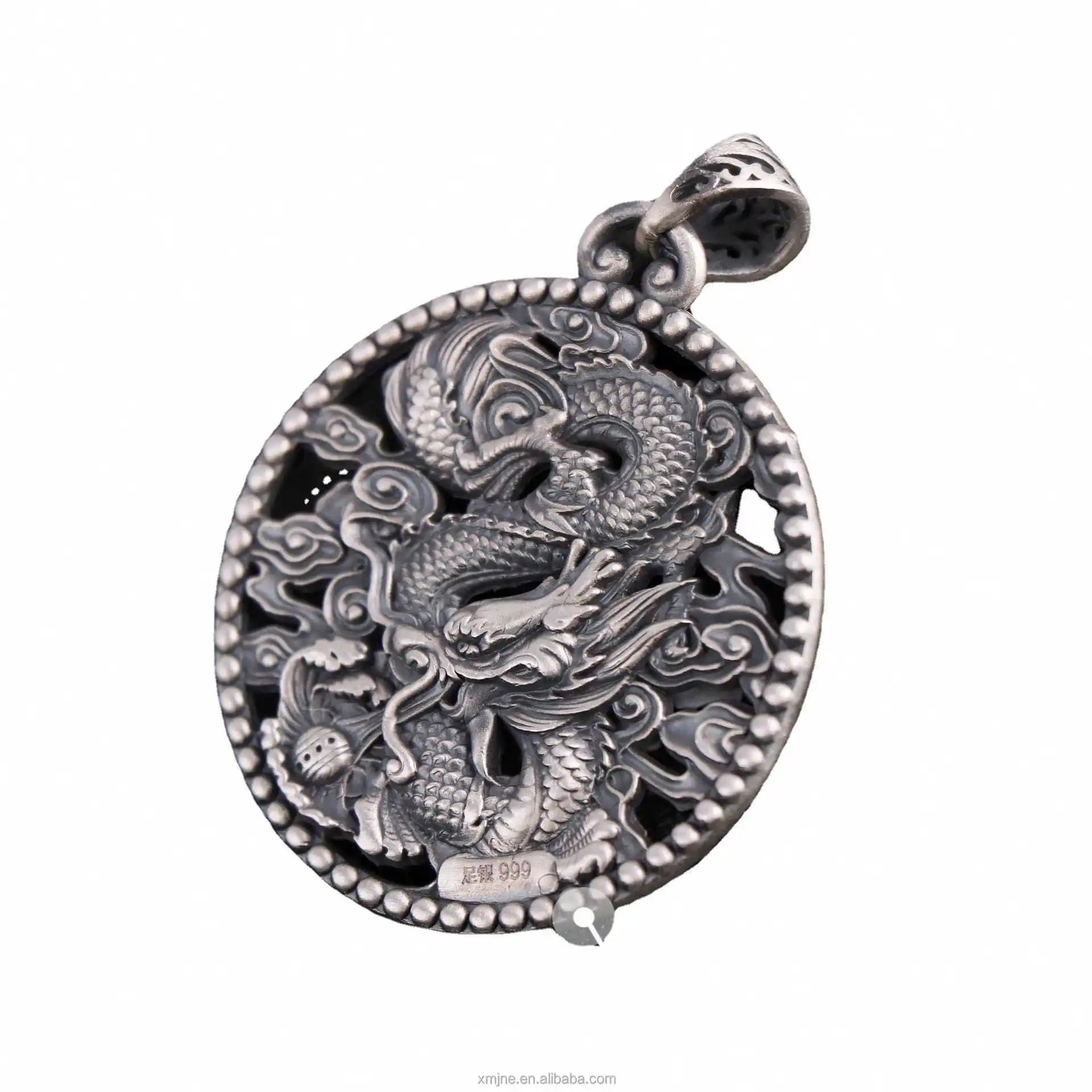 Certified S999 Vintage Hollow Dragon Pendant Domineering Men's One-Stop Three-Dimensional Heartache Round Necklace