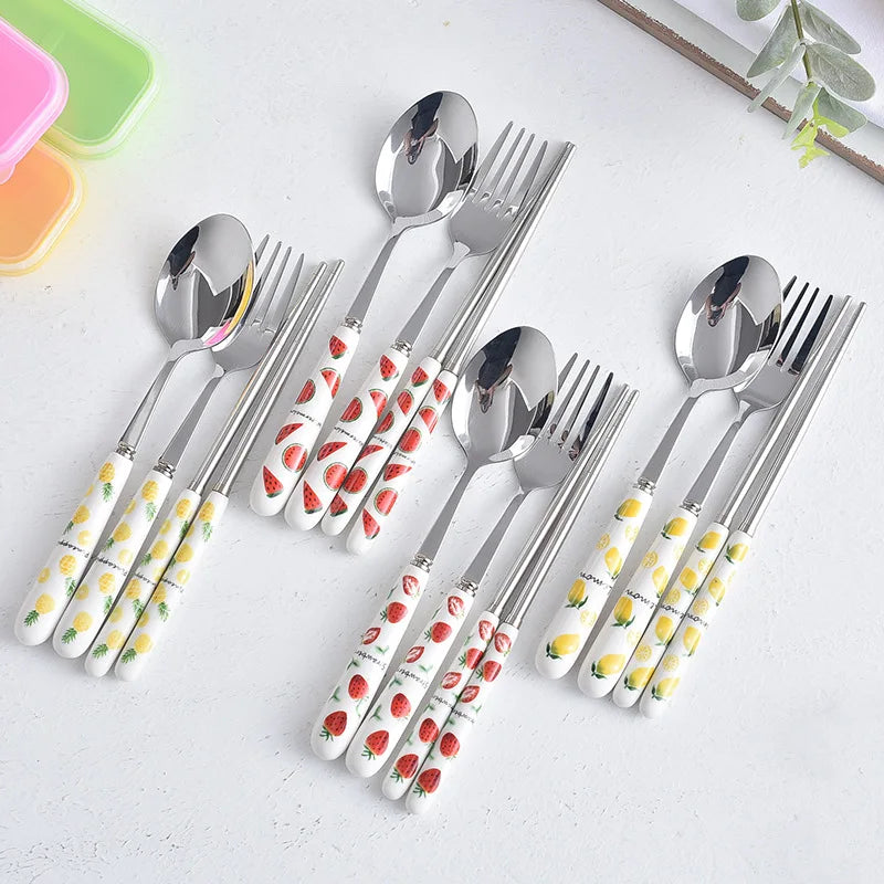 Outdoor Portable Cartoon Children's Cutlery Set Stainless Steel Ceramic Handle Flatware Set with Box