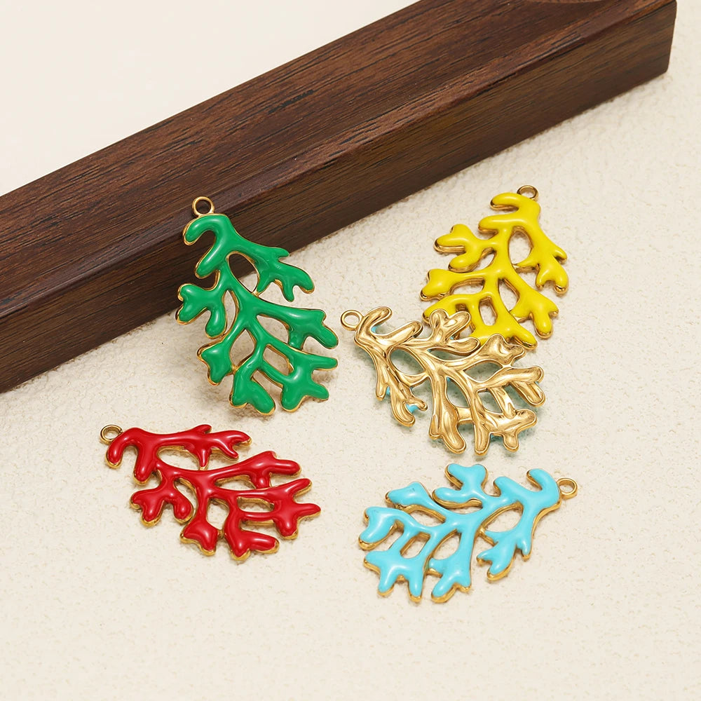 Stainless Steel 38*24mm Golden Large Coral Charms Enamel Coral Pendants for DIY Necklace Making Supplies Jewelry