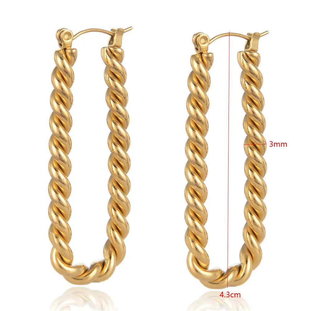 Female Stainless Steel 18k Gold Plated Geometric Statement Dangle Rectangle Dropping Twist Chains Shape Earrings for Ladies