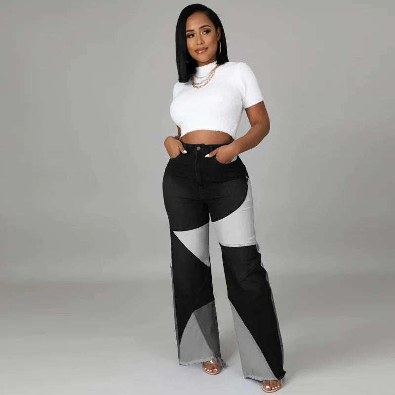 2022 Autumn Collection European American Casual Loose Women's Plus Size Straight Vintage Waist Patchwork Two-Tone Long Pants