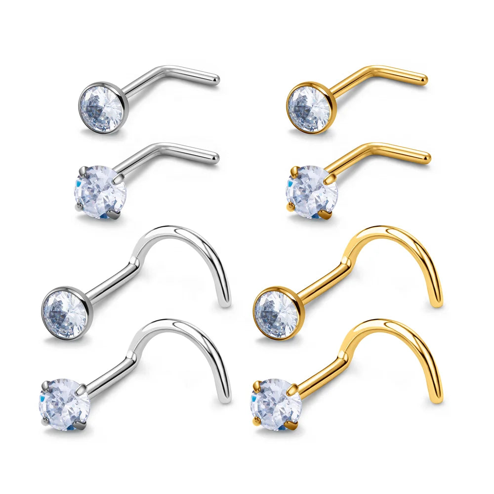 G23 Titanium Body Piercing Jewelry 20G Zircon Inlay Nose Stud Earrings with L Hook Bone Shape for Weddings and Engagements