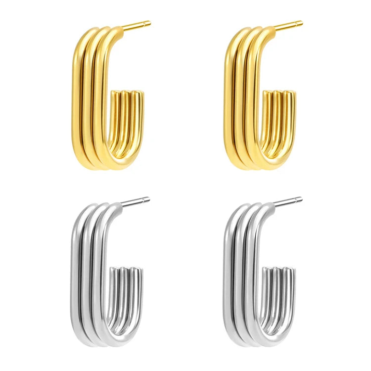 Y229 Wholesale PVD 18k Gold Plated Stainless Steel U Shape Three Layer Tube Pipe Design Stud Paper Clip Earrings for Women