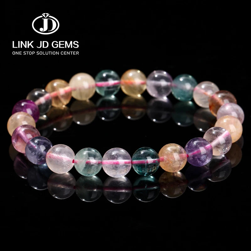 JD GEMS Wholesale Women Reiki Healing Lucky Stretchy Mala Bangles 7A Natural Stone Multicolor Rainbow Fluorite Bead Bracelet
