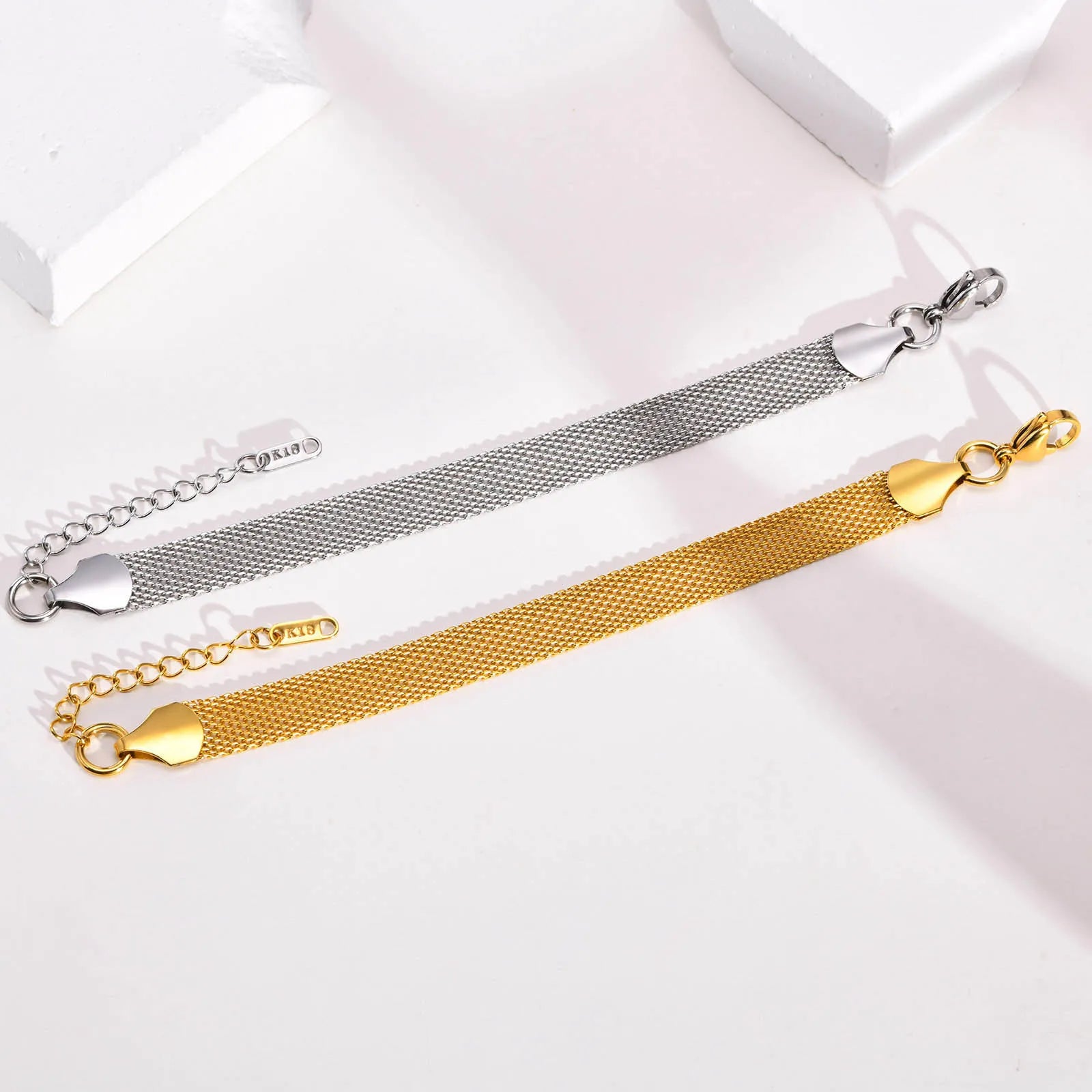 18K Vacuum Gold Plated Stainless Steel Mesh Bracelet Dainty Adjustable Jewelry for Women