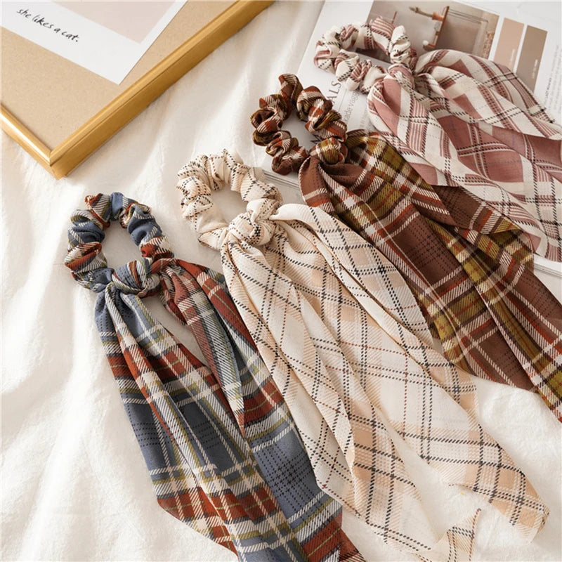 Vintage Plaid Print Scrunchies Chiffon Long Ribbons Hair Tie Hair Band Headwear Knotted Ponytail Streamers Hair Scarf Hot
