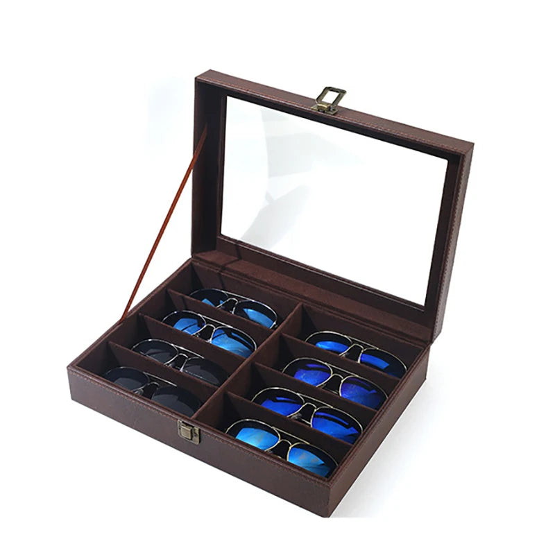 Luxury 8 Slots PU Sunglasses Storage Box Eyewear Trays Optical Glasses Display Case with Transparent Cover