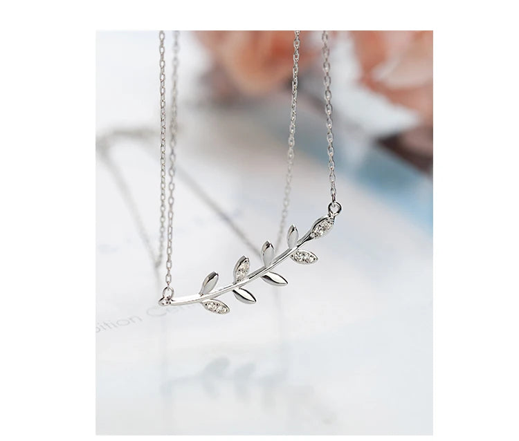 925 Sterling Silver Leaves Zircon Necklaces Pendants for Women Fashion Lady Festival Gift Sterling-silver-jewelry