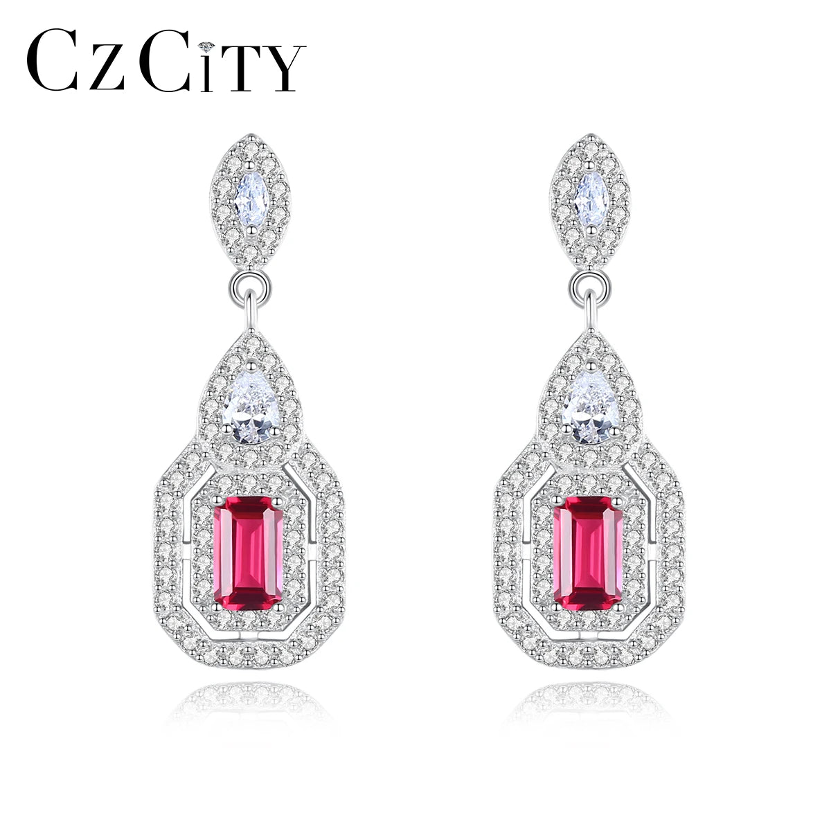 CZCITY Luxury Platinum Men Made Ruby Color Gemstone Earrings Elegant Women Jewelry Vintage Design