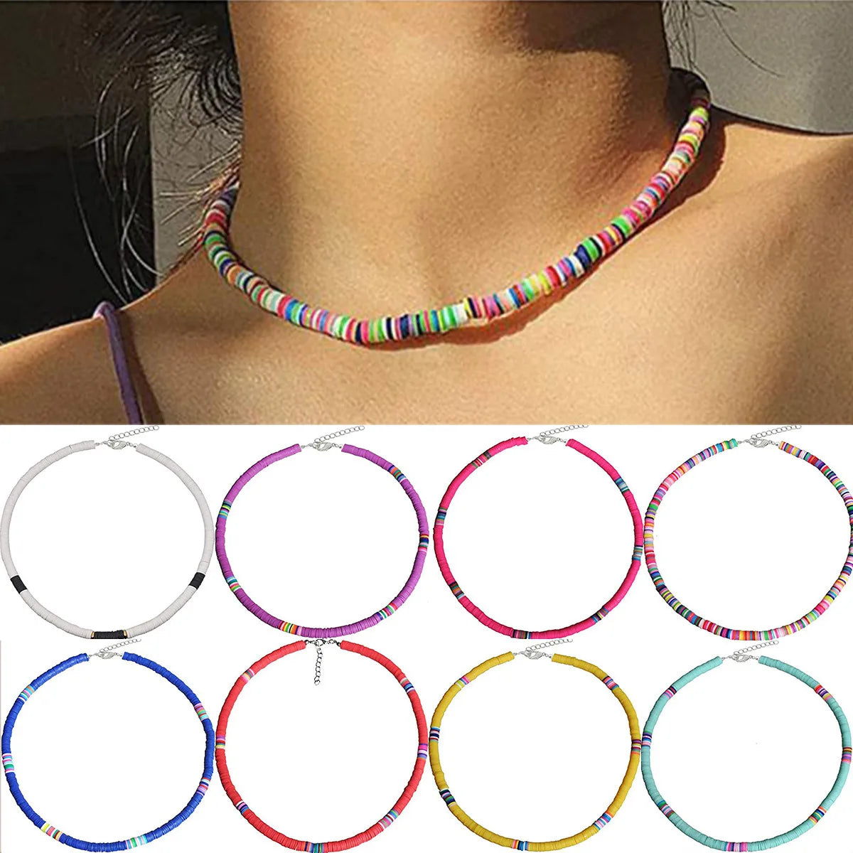 Boho 6mm Colorful Polymer Clay Choker Necklace Flat Round Beaded Soft Pottery Necklace