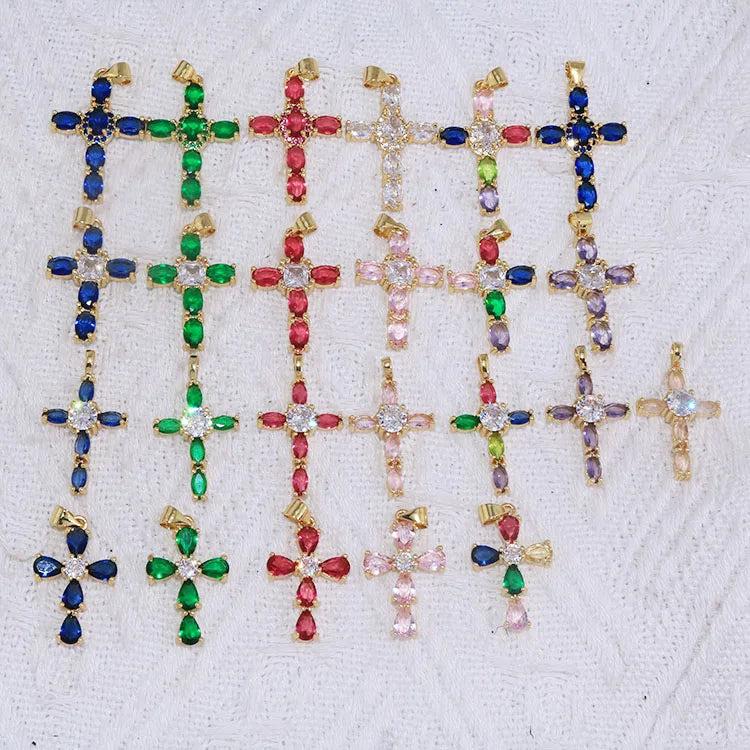 CZ8647 18K Gold Plated Rainbow Crystal CZ Diamond Micro Pave Cross Charm PendantsCubic Zirconia Inlaid Cross Catholic Pendant