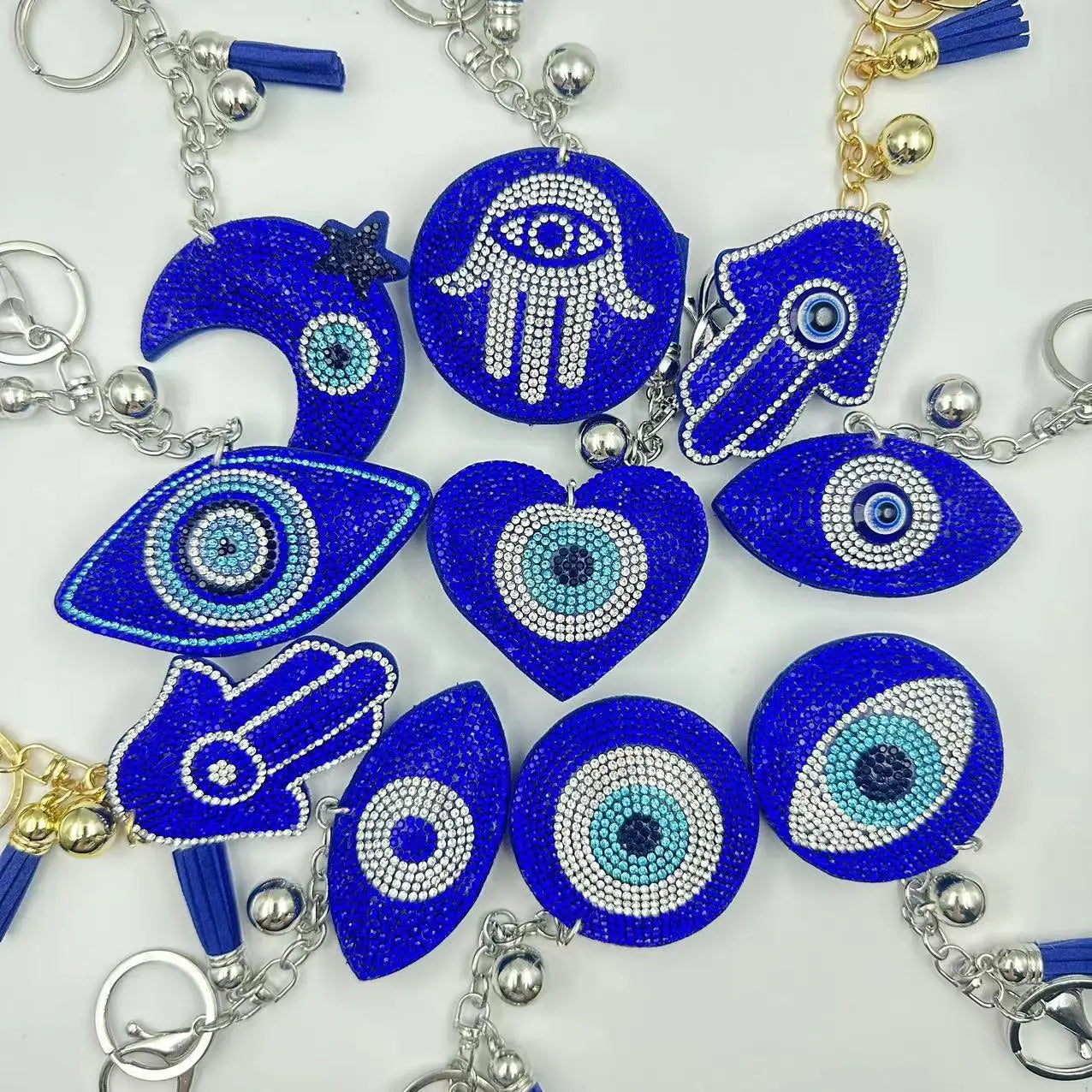 Wholesale Car Bag Pendant Accessories Blue Diamond Crystal Evil Eye Tassel Keychain Shining Evil Eye Water Diamond Keychain