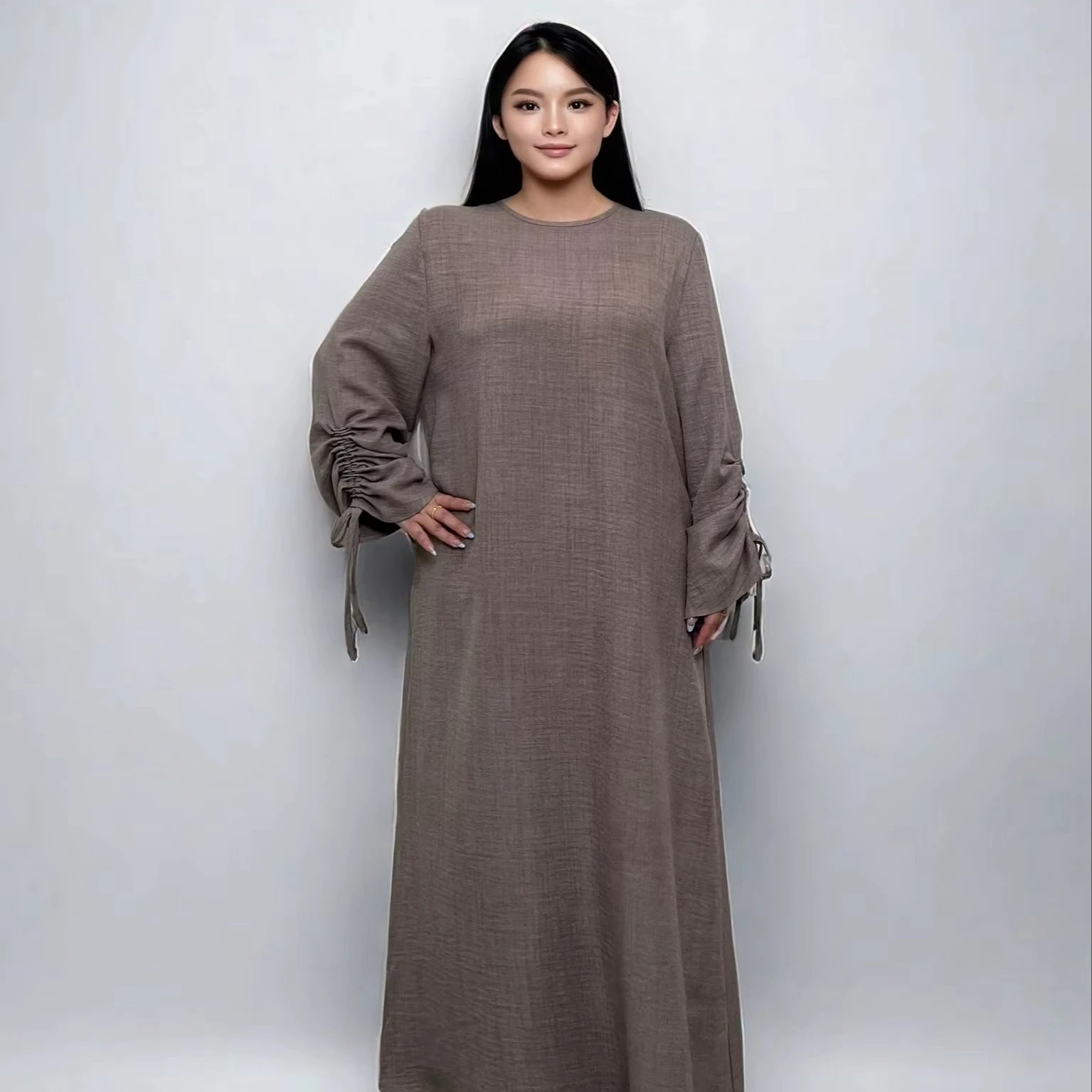 LM037  Textured Ruched Long Sleeves Tie Shirred Slip Dress Modest