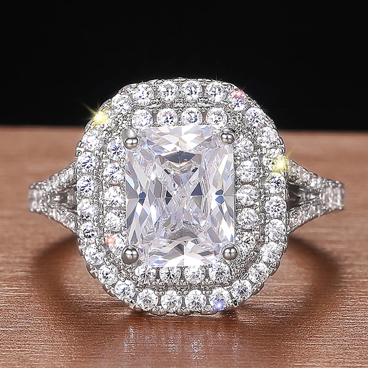 CAOSHI Geometric Design Princess Cut Crystal Full Round Simulated Moissanite Rings for Luxury Wedding Silver Plated Rings Women