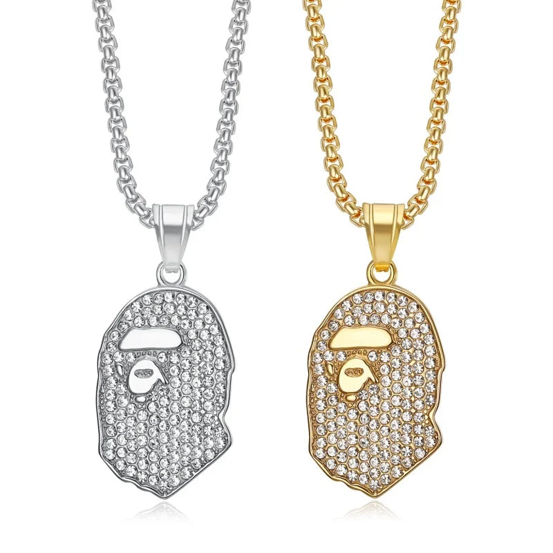 Fashion Streetwear Hiphop Hippie Iced Out Paved CZ Ape Head Men Pendant Necklace