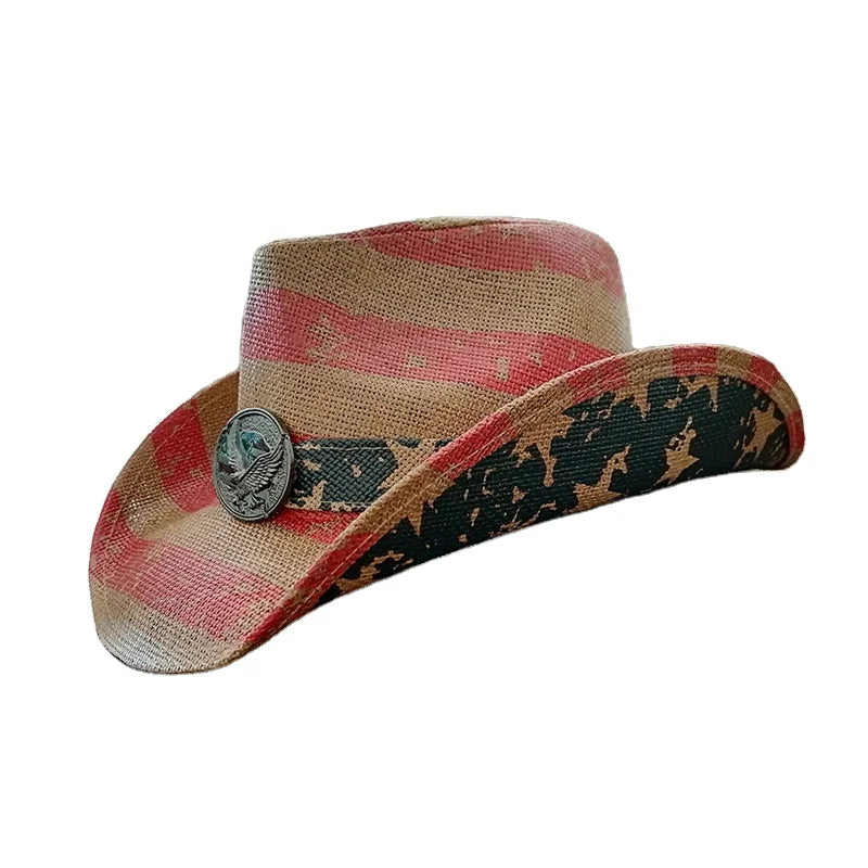 New Straw Cowboy Hat Shapable Brim Sombreros USA American Flag Texas Western Cowboy Paper Straw Hat for Men