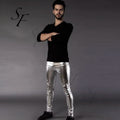 Custom Made New Autumn Silver Metallic Motorcycle PU Elastic Shaping Hip Leggings Shiny Leather Pants for Men