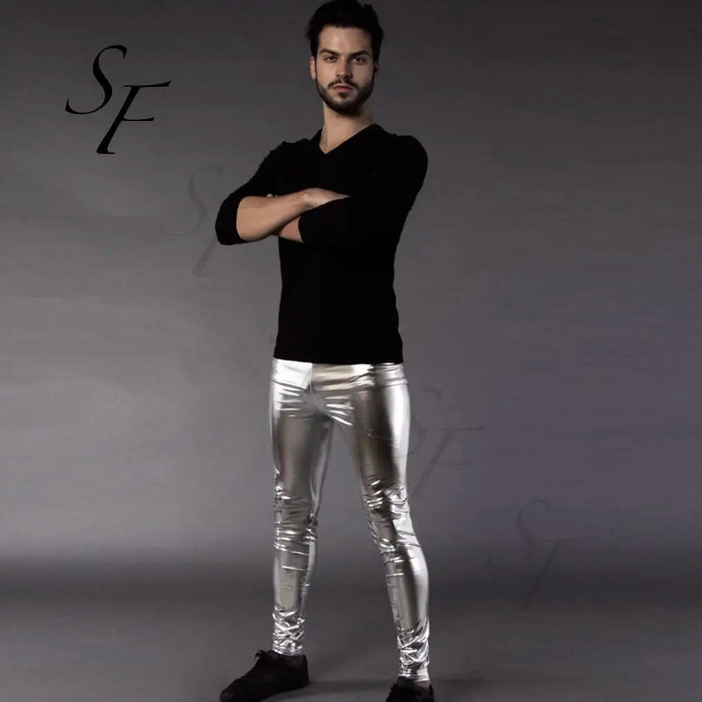 Custom Made New Autumn Silver Metallic Motorcycle PU Elastic Shaping Hip Leggings Shiny Leather Pants for Men