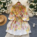 LW0921 2025 Spring Female Niche Retro Elegant Stand Collar Lantern Sleeve Waist Slimming Printed Dresses Women Lady Elegant