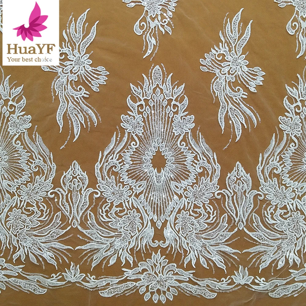 HY3089 Newest Wedding White Embroidery 3d Beaded Sequins Lace Bridal Dress Europe Fabric Wholesale 5 Yards