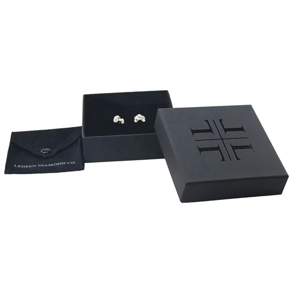 Custom Black Square Lid Cardboard Jewelry Packaging Earring Ring Necklace Box with Foam Lining Velvet Pouch 9x9x2.8cm Size