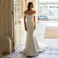 13023#Simple Off-Shoulder Elegant Mermaid Short Sleeve Lace-Up Wedding Dress Soft Satin Sexy Backless Sweep Train Bridal Gown