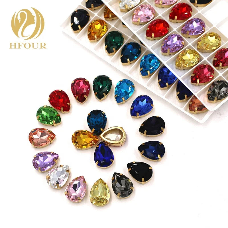 K9 Glass Drop Shape Sewn Colored Glass Crystal Rhinestones With Claws