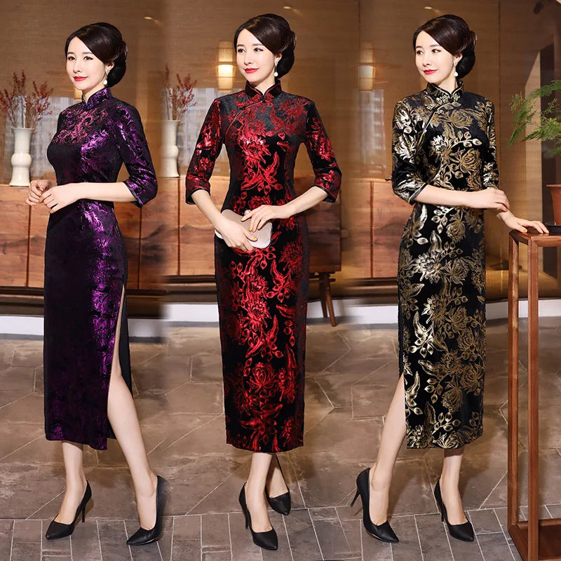Autumn and Winter Velvet Cheongsam Long Daily Banquet Seven-point Sleeve Large Size Mother Women's Dress