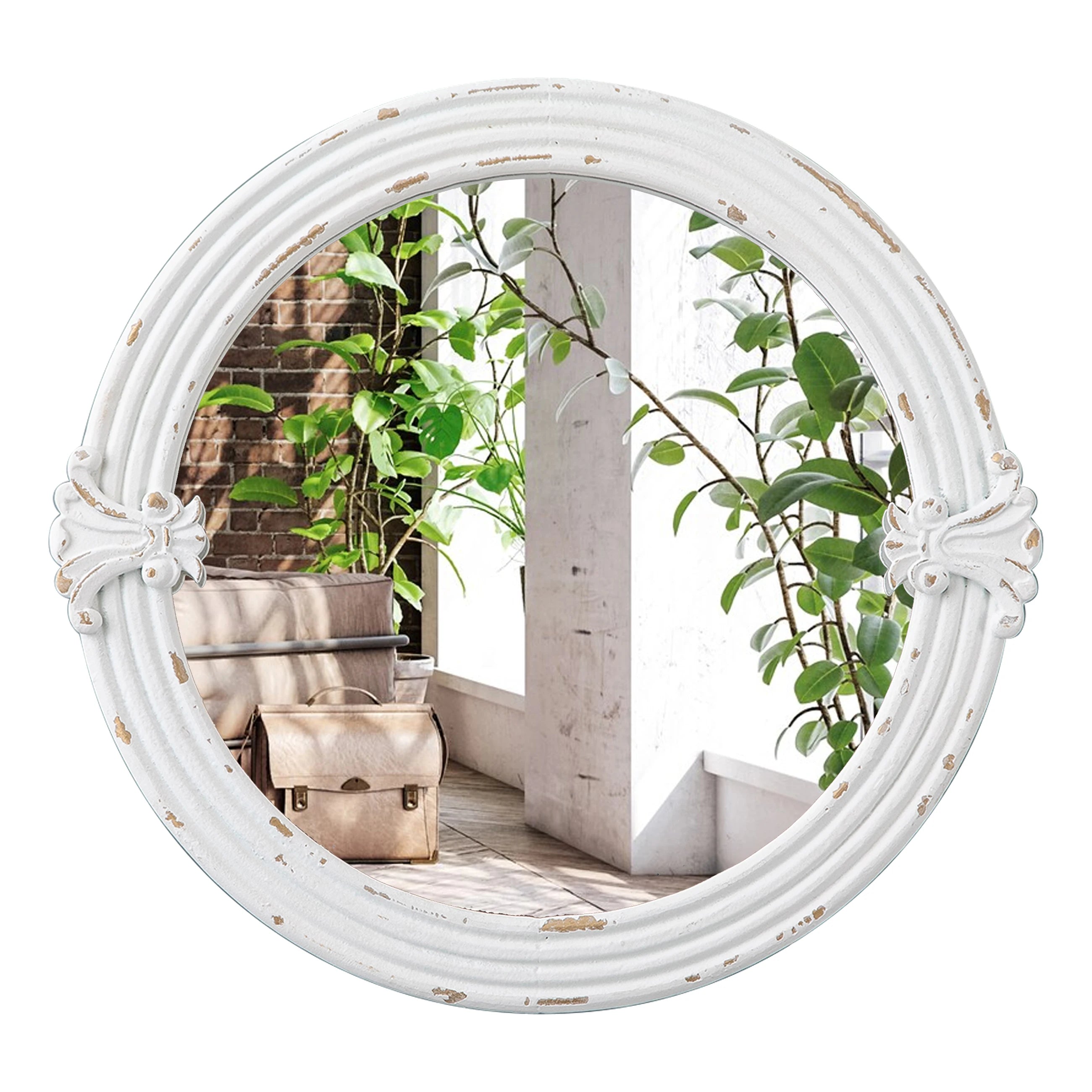 Farmhouse Decor Handmade White Luxury Decorative Circle Wood Framed Bathroom Espejos Hanging Rustic Wooden Round Wall Mirror