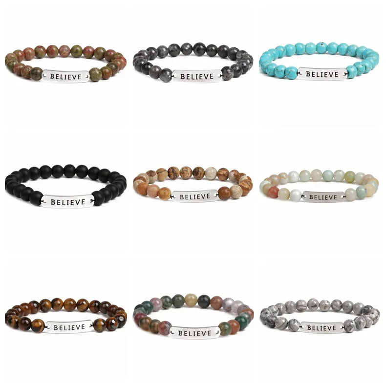 Wholesale Engrave Letters Custom Logo Stainless Steel Plate Believe Bracelet Tiger Eye Turquoise Agate Lava Stone Beads Bracelet