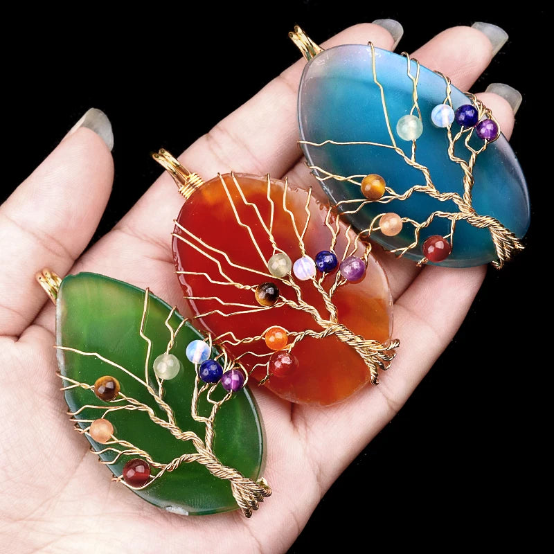Exquisite Chakela Stone Gold Wrap Wire Life Tree Pendant Natural Agate Stone Fashional Accessory for DIY Decoration
