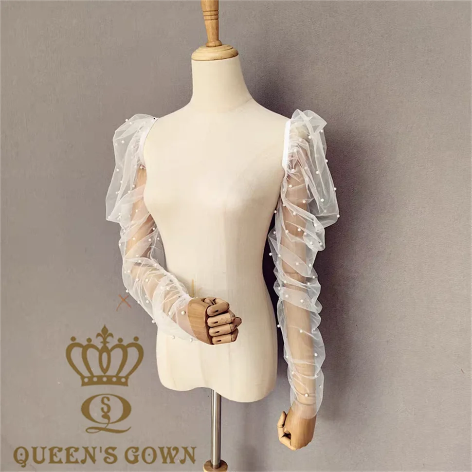 QUEENS GOWN Elegant Simple Mesh Fabric Wedding Dresses Accessories with Detachable Pearls Sleeve/Top Elegant Wedding Belts