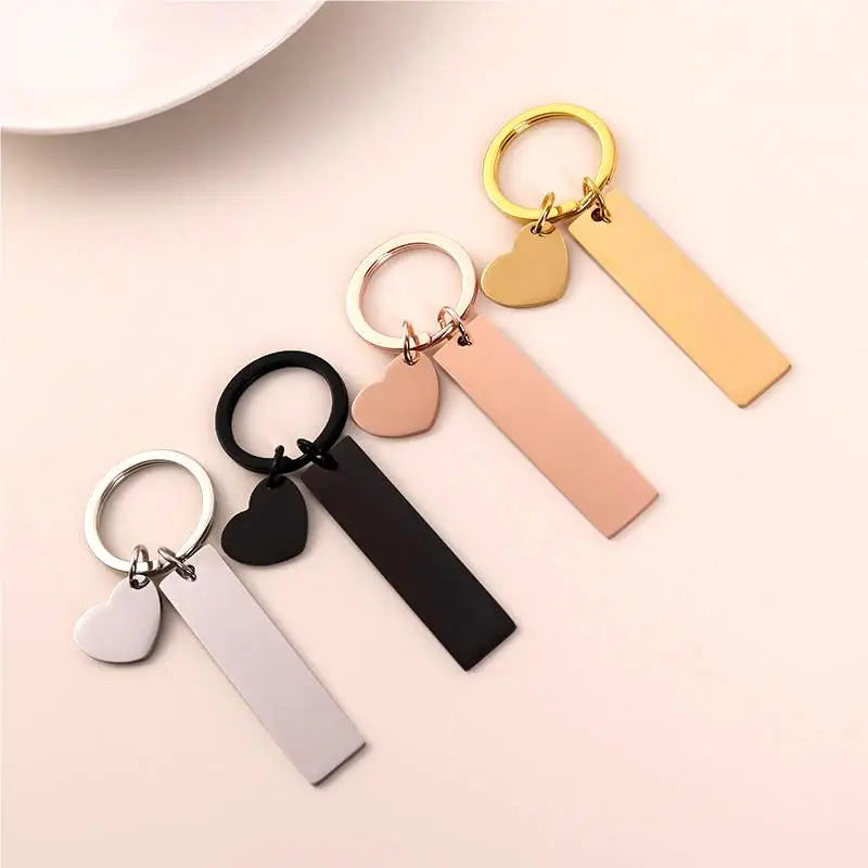 Stainless Steel 18K Gold Plated Customized Personalized Laser Engraved Text Logo Small Heart Square Shape Charms Keychain Ring