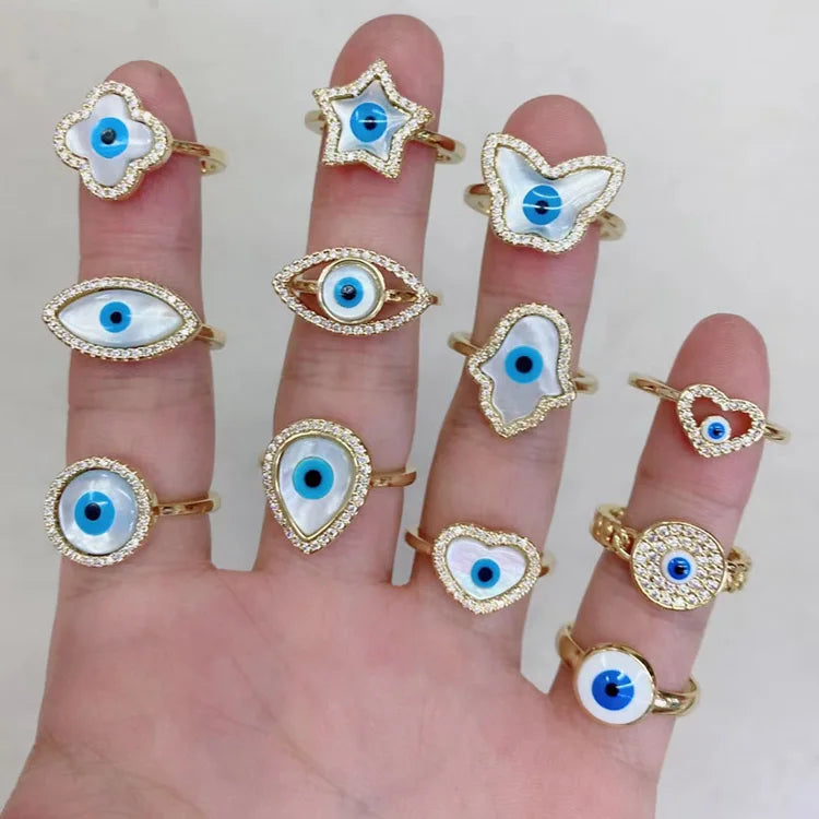 RM1369 18k Gold Mother of Pearl MOP Cubic Zirconia CZ Evil Eyes Ring Greek Jewelry Nazar Anillo Ojo Turco Mal De Ojo Rings