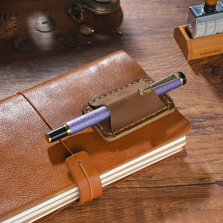 Creative Accessories Stationery Products Gifts  Genuine Leather Pen Clip Holder for Notebooks Pencil Pouch With Metal Clip