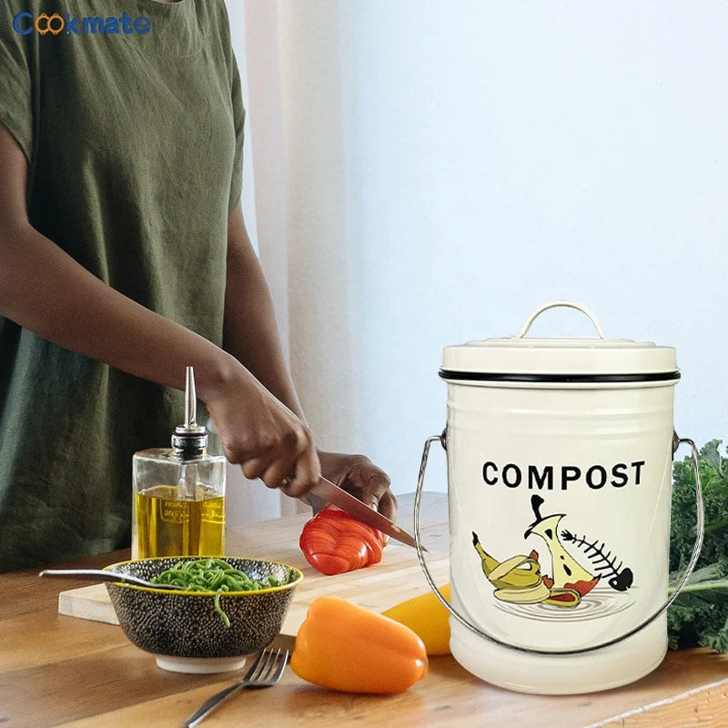 Kitchen Metal Compost Bin with Filter Plastic Inner Basket Garbage Bin Outdoor Home Use Waste Bin Fruit Peel Storage Box