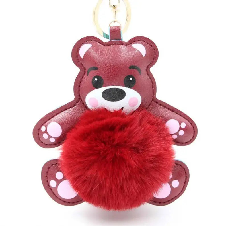 Trinkets Cute Small Teddy Bear Key Chain Bear Pompom Keychain Teddy Bear Plush Toy Pendant Pu Leather Car Handbag Charm Keyrings