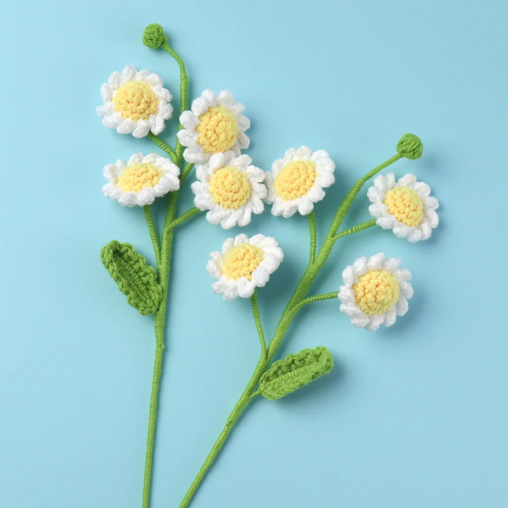 New Arrival Delicate Multi Color Crochet Daisy Branch with Leaf Wholesale Woolen Knitted Flower Decoration Ornament for Gifts